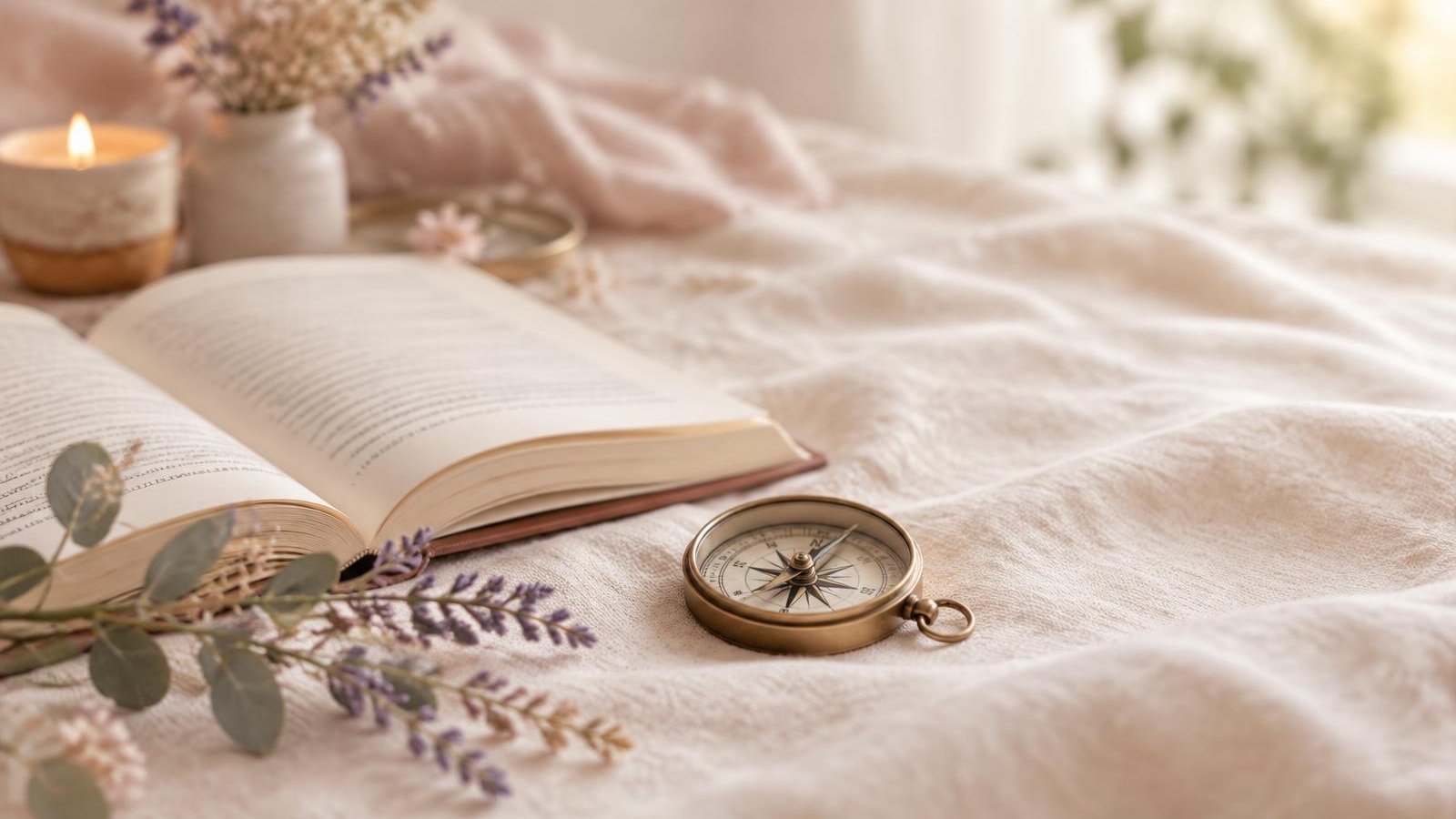 An open book and brass compass on warm linen with soft botanicals