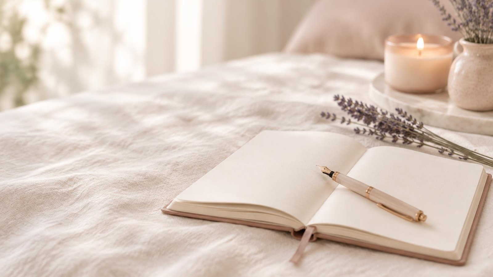 An open journal on warm linen beside candlelight and dried lavender