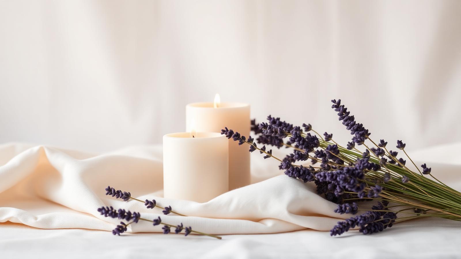 Soft candlelight and dried lavender resting on cream linen
